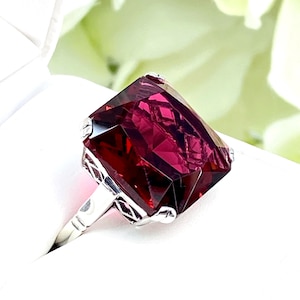 Ruby Ring/ Sterling Silver/ 20ct Big Huge Square Cut Simulated Red Gem, Vintage Art Deco Revival Jewelry [Custom Made] Design#1