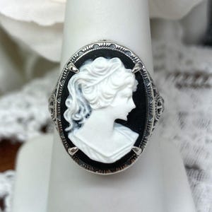 Cameo Ring/ Butterfly, Rose Flower, Lady Silhouette, Sterling Silver Victorian/Deco Filigree [Made To Order] Antique Design#230 Black & White Lady