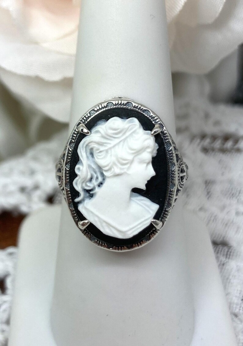 Cameo Ring/ Butterfly, Rose Flower, Lady Silhouette, Sterling Silver Victorian/Deco Filigree [Made To Order] Antique Design#230 Black & White Lady