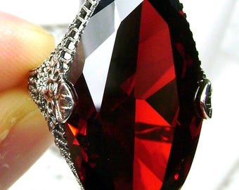 Anillo de granate rojo con circonita cúbica / Talla 8 / Plata de ley 925, granate rojo talla marquesa, circonita cúbica de 13 ct, filigrana victoriana en forma de palisada [En stock] Diseño n.° 39