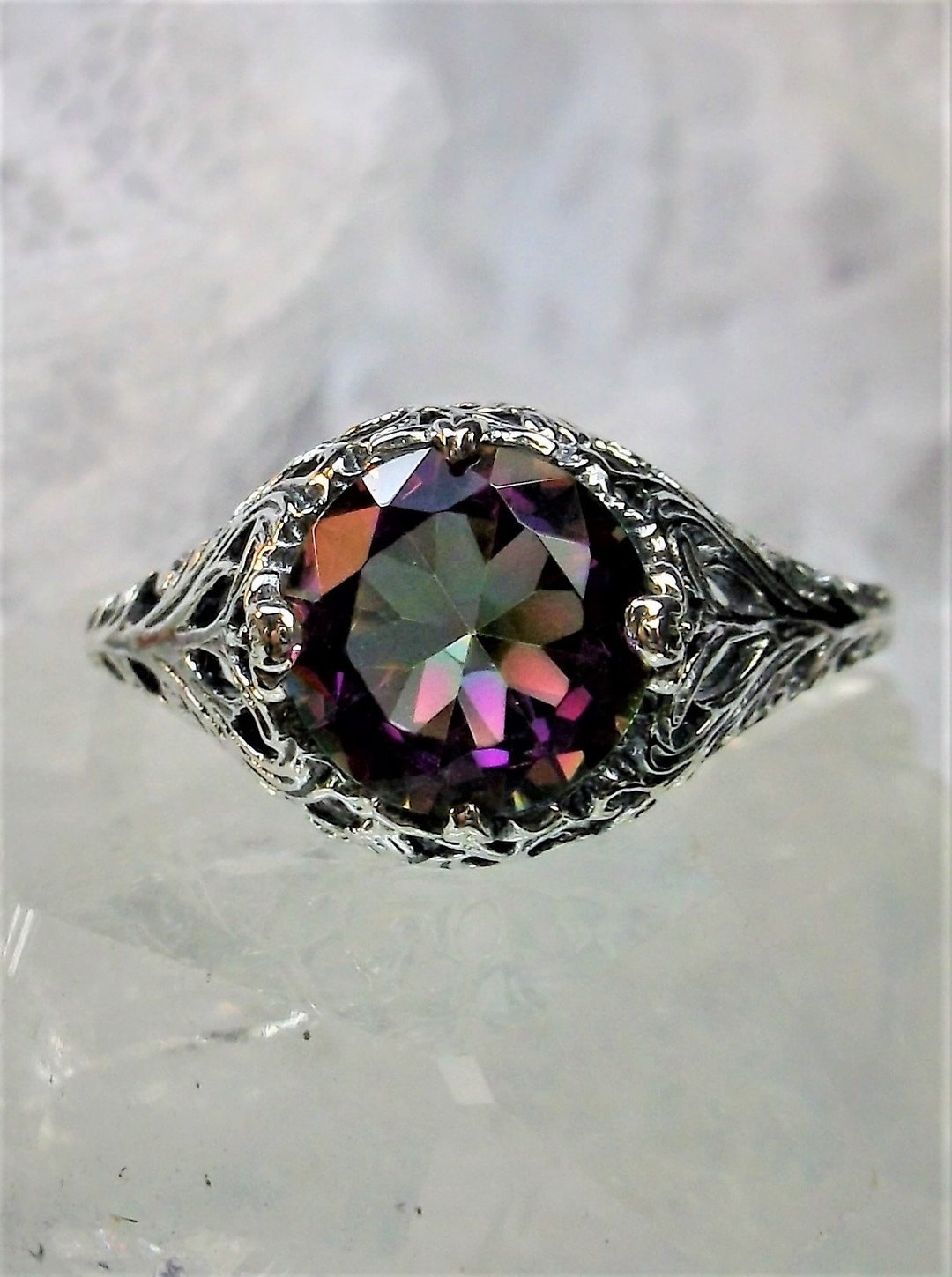 Mystic Topaz Ring, 2ct Round Cut Gem, Sterling Silver Floral