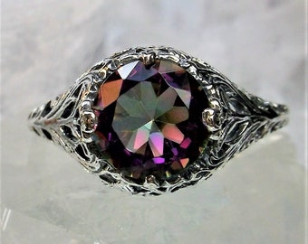 Mystic Topaz Ring, 2ct Round Cut Gem, Sterling Silver Floral