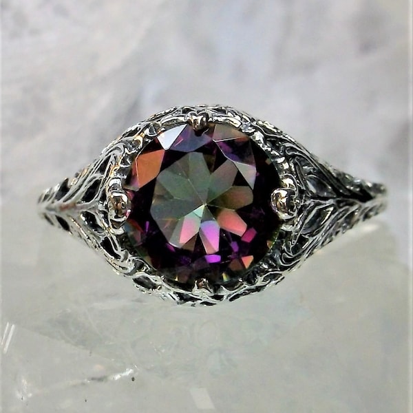 Mystic Topaz Ring/ Solid Sterling Silver/ 2ct Round Cut Mystic Topaz Gem Art Nouveau Floral Leaf Filigree  [Made To Order] Design#198