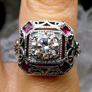White CZ & Ruby Ring, 1930s Art Deco Gatsby Sterling Silver Filigree [Made To Order] Design#68