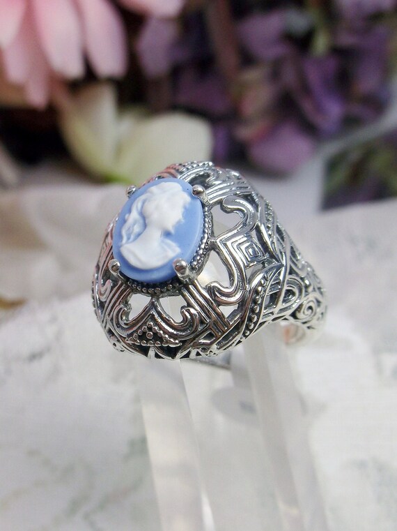 Cameo Lady Ring Sterling Silber Blau Harz Lady Silhouette