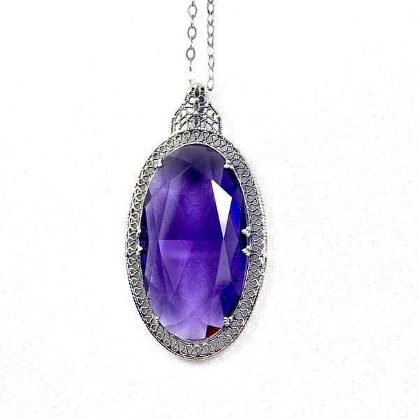 Purple Amethyst Necklace | 925 Sterling Silver | 20ct Big Simulated Amethyst Victorian | Silver Filigree Pendant |Custom Made| Design#P31