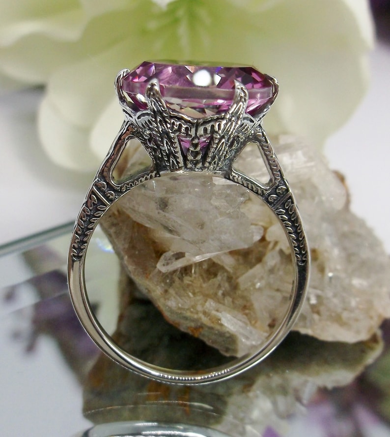 Design#37 In Stock Natural Pink Topaz Ring Size 5 Solid Sterling Silver 7ct Round Cut Pink Topaz Edwardian 1910 Filigree
