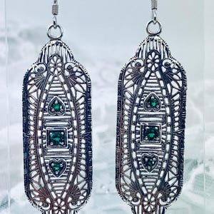 Emerald Earrings/ Sterling Silver/ Green Emerald Gemstone Earrings, Edwardian Silver Filigree, Angel Wings [Made To Order] Design#E359
