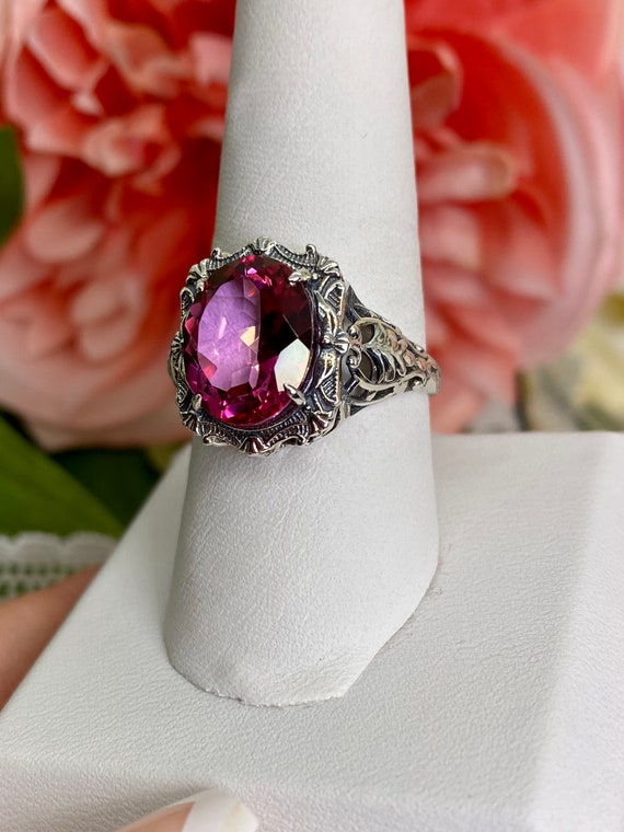 Bague Topaze Rose, émeraude Et Améthyste Créée En Labo - Plaqué Argent, Taille 9, Modèle R10123