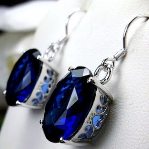 Blue Sapphire Earrings, Oval Cut Simulated Gems, Sterling Silver Filigree [Custom Made] Design#E35