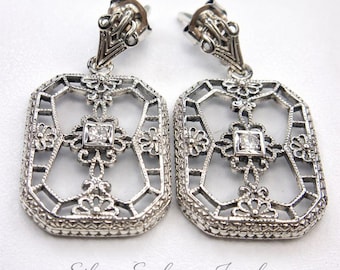 Camphor Glass Earrings/ 925 Sterling Silver/ Frosted Camphor Glass, Art Deco 1930's Filigree [Custom Made] Design#E203