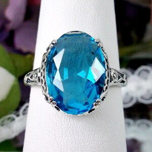 Swiss Blue Gemstone Ring/ Sterling Silver/ 6ct Oval Simulated Swiss Blue Topaz Floral Art Deco Edwardian Filigree [Made To Order] Design#70