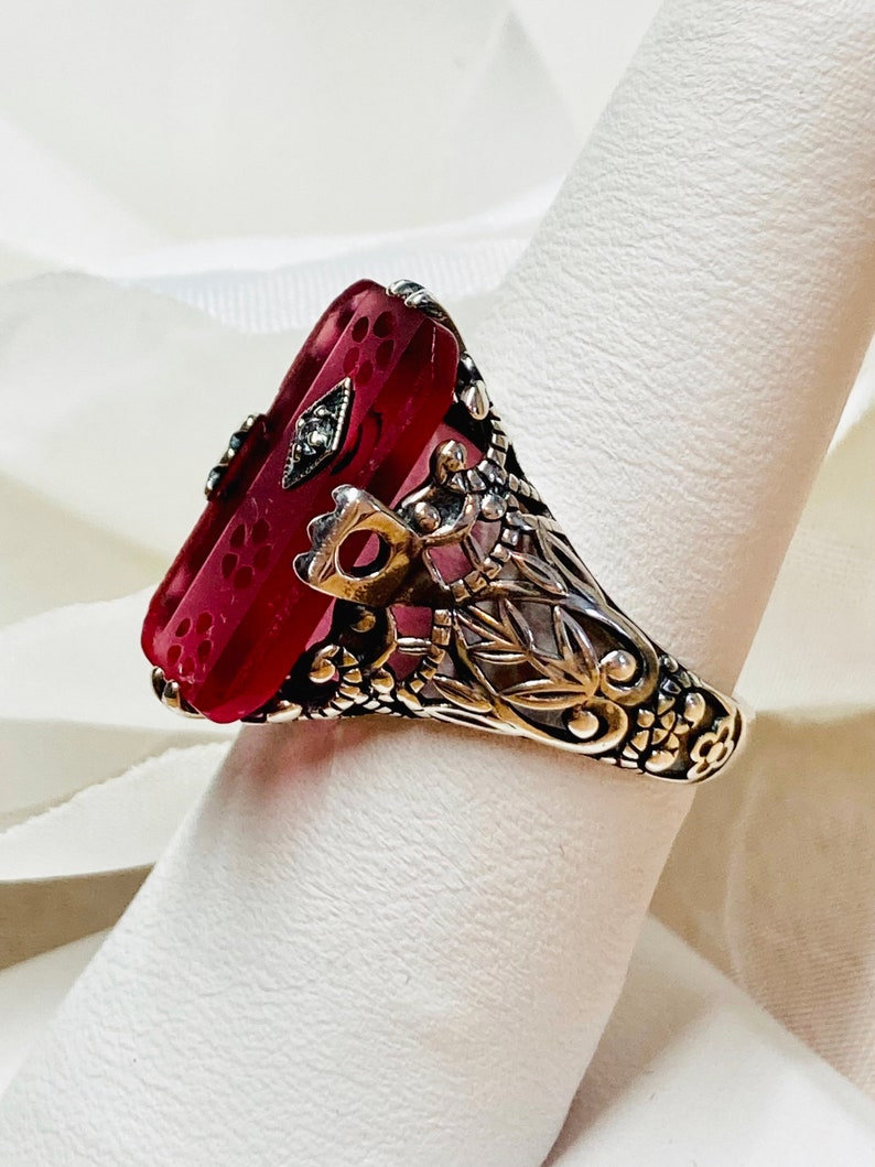 Pink Carved Ring Sterling Silver/ Baguette Camphor W/ Inset CZ