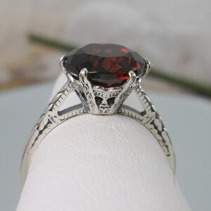 Natural Garnet Ring/ Size 7 / Solid Sterling Silver/ 2ct Natural Red Garnet Edwardian 1910 Etched Filigree [In Stock] Design#37z