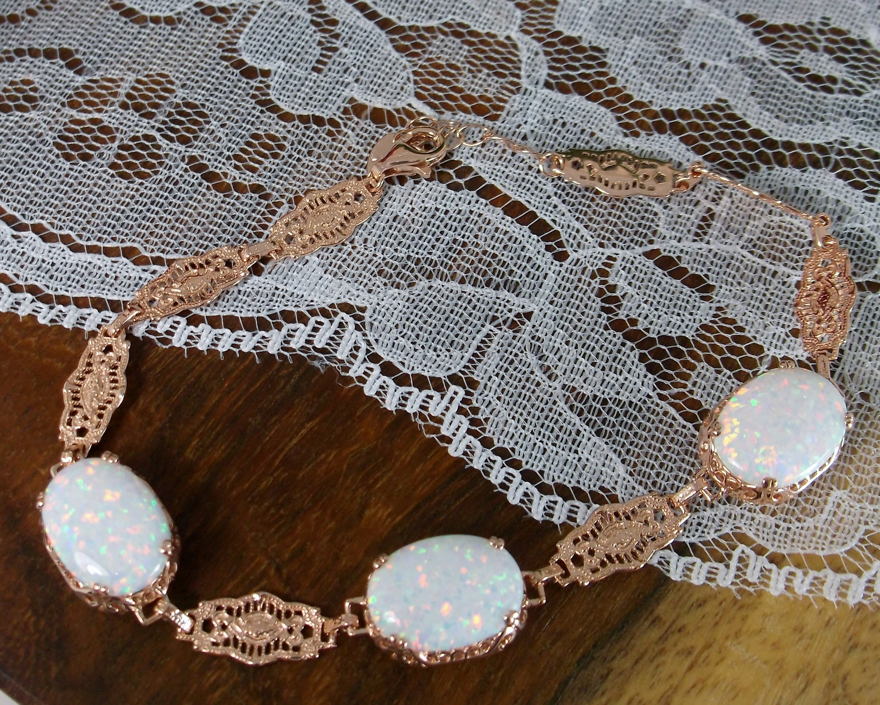 White Opal Bracelet/rose Gold Plated Sterling Silver/ Oval