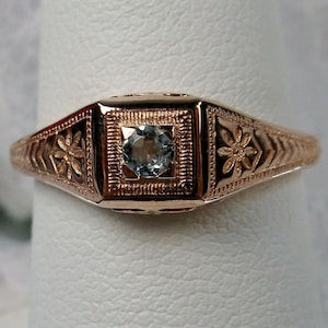 Aquamarine Ring | Round Blue Gem | Art Deco Rose Gold plated Sterling Silver Filigree [Custom Made] D155