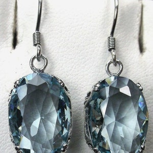 Aquamarine Earrings/ Sterling Silver/ Simulated Oval Blue Aquamarine Dangle Drop Edwardian/Deco Filigree Earrings [Made To Order] Design#70