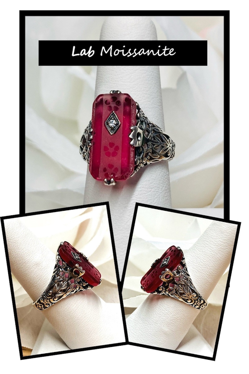 Pink Carved Ring Sterling Silver/ Baguette Camphor W/ Inset CZ