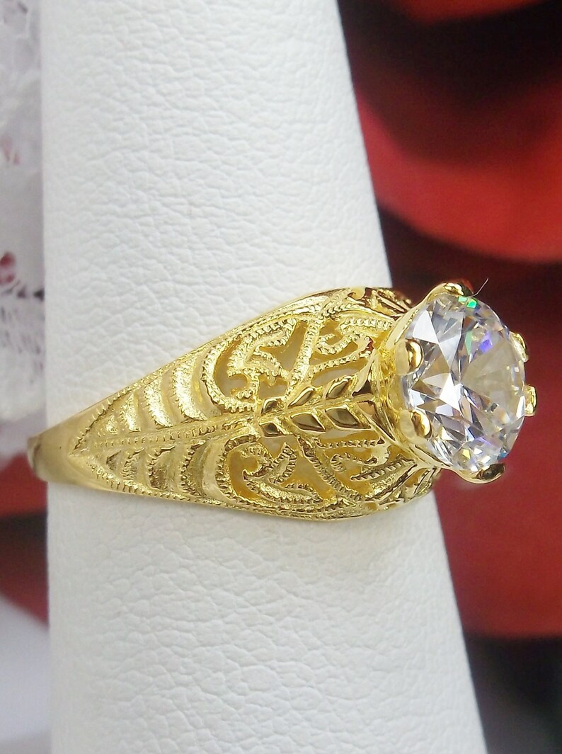 Design #199 Size 5.5 White CZ Yellow Gold Plate /& Sterling Silver Filigree Art Deco Ring