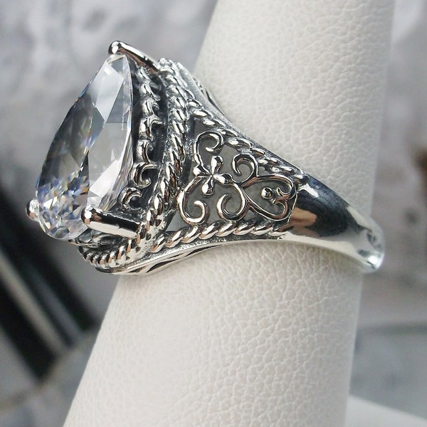 White CZ Ring Size 7/ Solid Sterling Silver/ Big Teardrop White Cubic Zirconia Victorian Art Deco Design Filigree [In Stock] Design#222