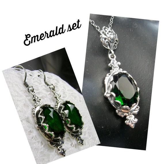 Emerald Pendant Necklace, Simulated Gem, Fleur De Lis