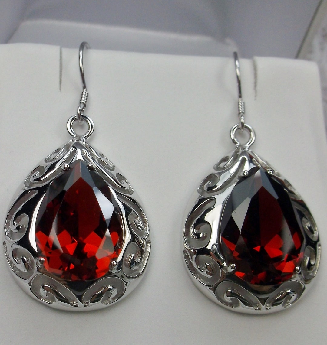 Red Garnet CZ Earrings/ Solid Sterling Silver/ 12ctw Pear - Etsy