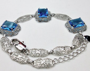 Swiss Blue Bracelet • Rhodium or Sterling Silver • Detailed Antique Style • Simulated Gemstones • Art Deco Filigree • Custom | Design#B9e