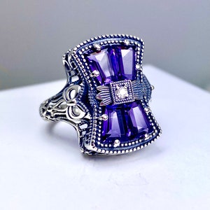 Purple Amethyst Vintage Baroque Ring | Sterling Silver | Ornate Silver Bow & CZ Accent | Vintage Versailles Jewelry | Made To Order #595