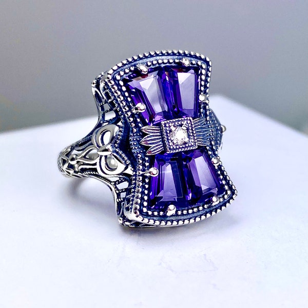 Bague baroque vintage améthyste violette | Argent sterling | Nœud argenté ornementé et accent CZ | Bijoux Versailles vintage | Fabriqué sur commande n° 595