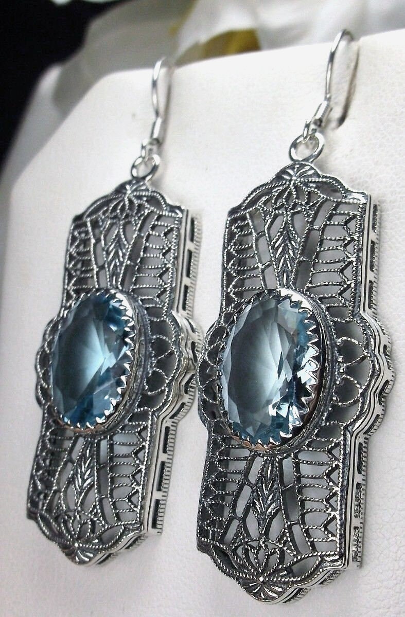 Boucles D'oreilles Argent 925 Avec Aigue-marine Bleue Ovale - Style Fleur Mer