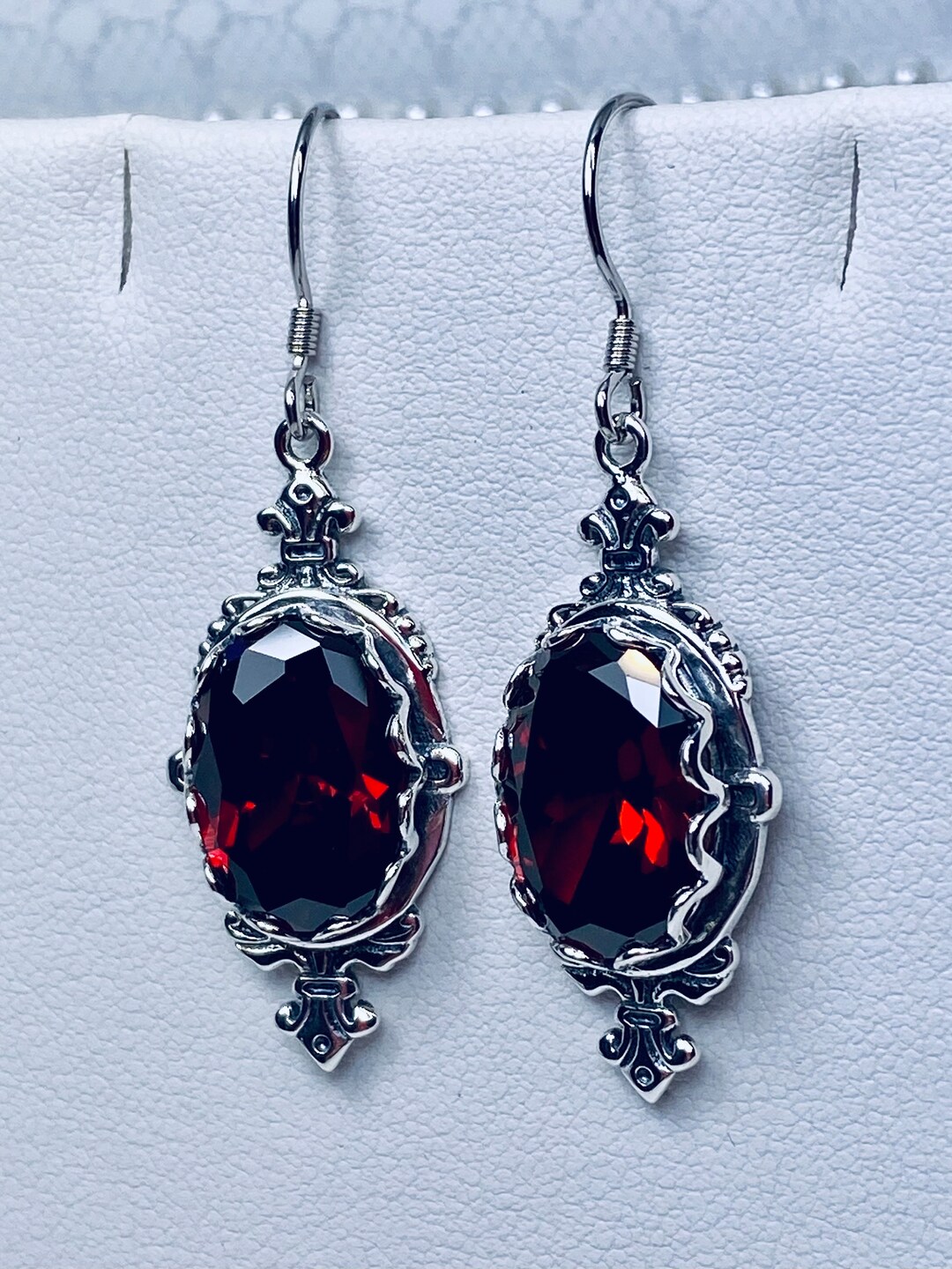 Garnet Red Earrings/ Rose Gold Plated Sterling Silver Option / Oval Garnet  CZ Victorian Fleur De Lis Filigree custom Made Designe18 - Etsy