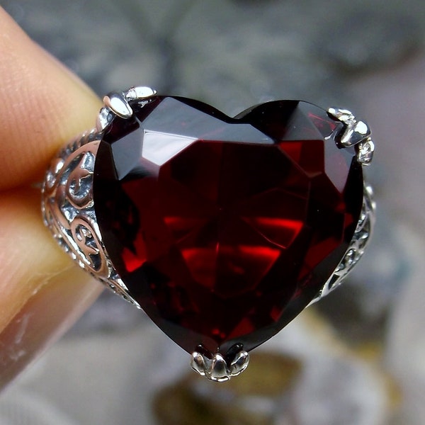 Ruby Red Heart Ring/ Solid Sterling Silver/ 10ct Simulated Ruby Gothic Love Shape Claw Filigree [Custom Made] Design#132