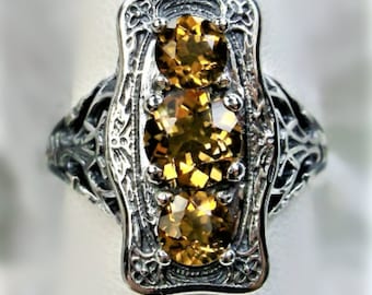 Natural Citrine Ring | Solid Sterling Silver/ Natural Honey Yellow Citrine 3Stone Edwardian Art Deco Filigree [Made to Order] Design#60