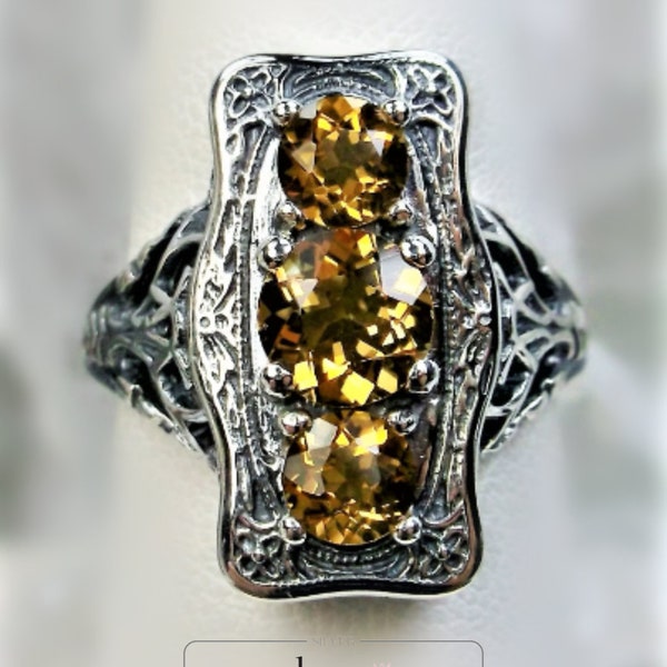 Natural Citrine Ring | Solid Sterling Silver/ Natural Honey Yellow Citrine 3Stone Edwardian Art Deco Filigree [Made to Order] Design#60