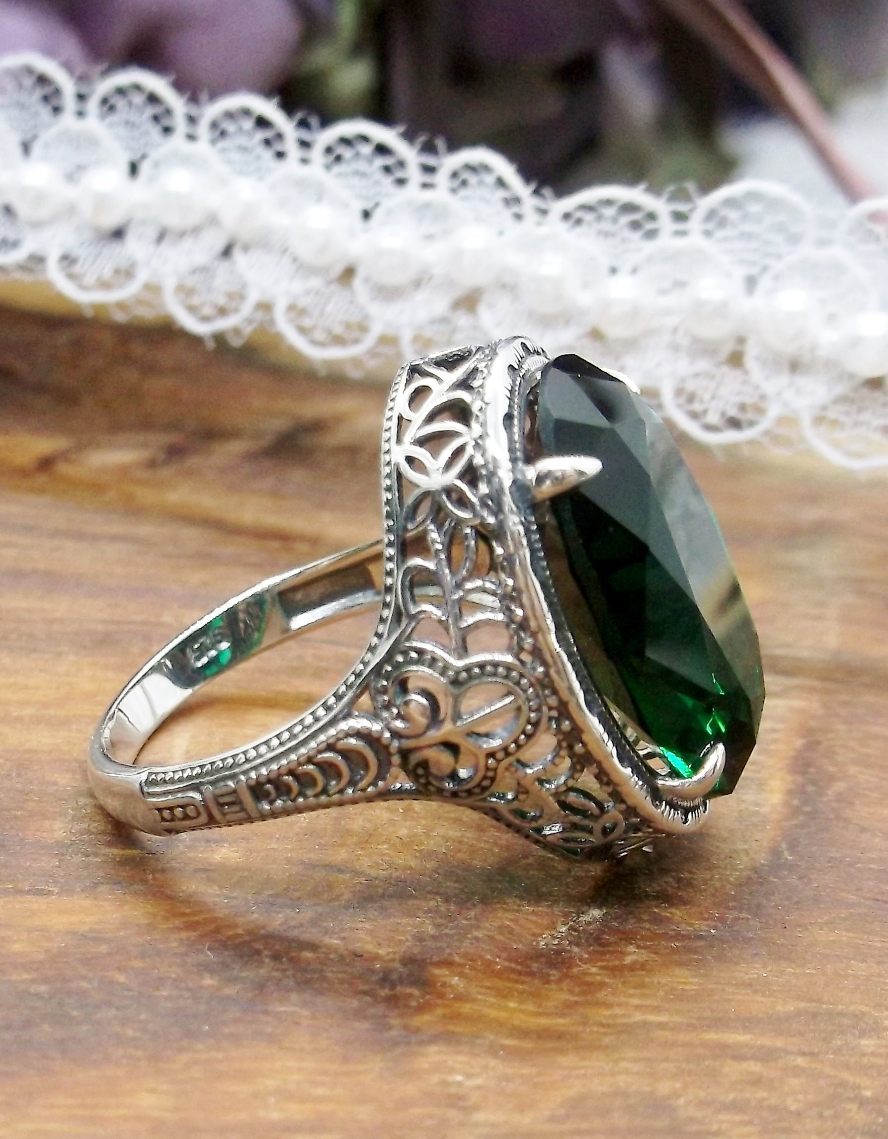 Emerald Ring/ 9ct Oval Simulated Green Emerald Art Deco Emerald Ring/ 9ct Oval Simulated Green Emerald Art Deco
