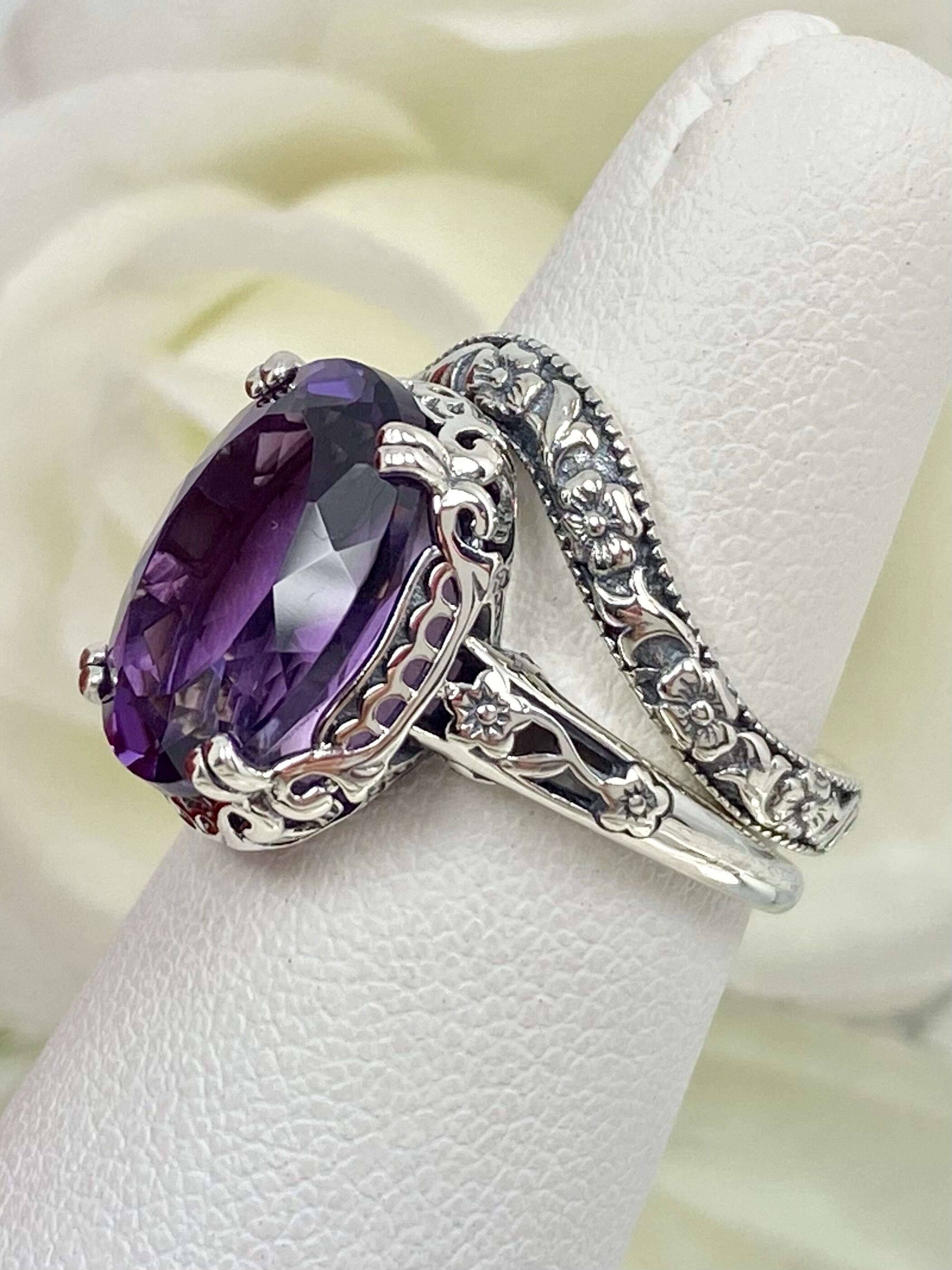 Natural Purple Amethyst Ring & Floral Band Set Sterling