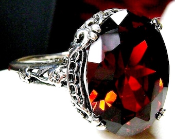 Garnet Red Ring 925 Sterling Silver 6ct Oval Cut Faceted Red Garnet Silver Floral Art Deco Edwardian Filigree [Made To Order] Design#70