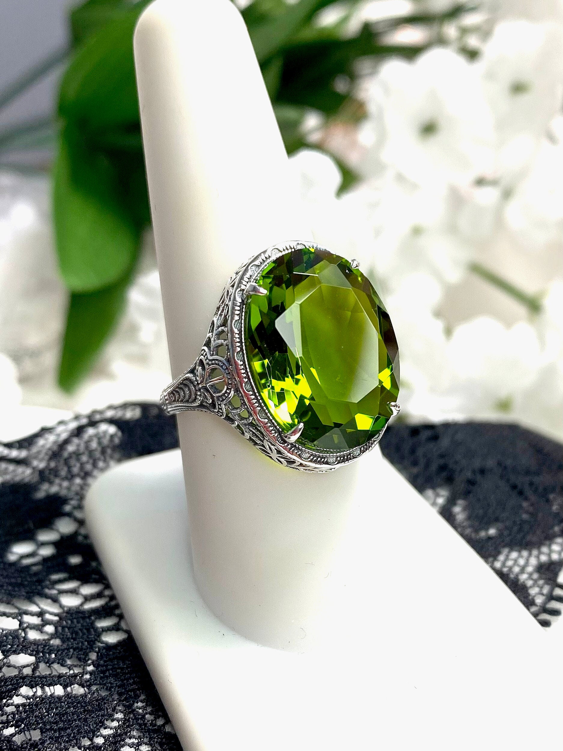 Peridot Ring Solid Sterling Silver 9ct Oval Simulated Green Peridot Art Deco Vintage Filigree custom Made Persian Design230 Etsy