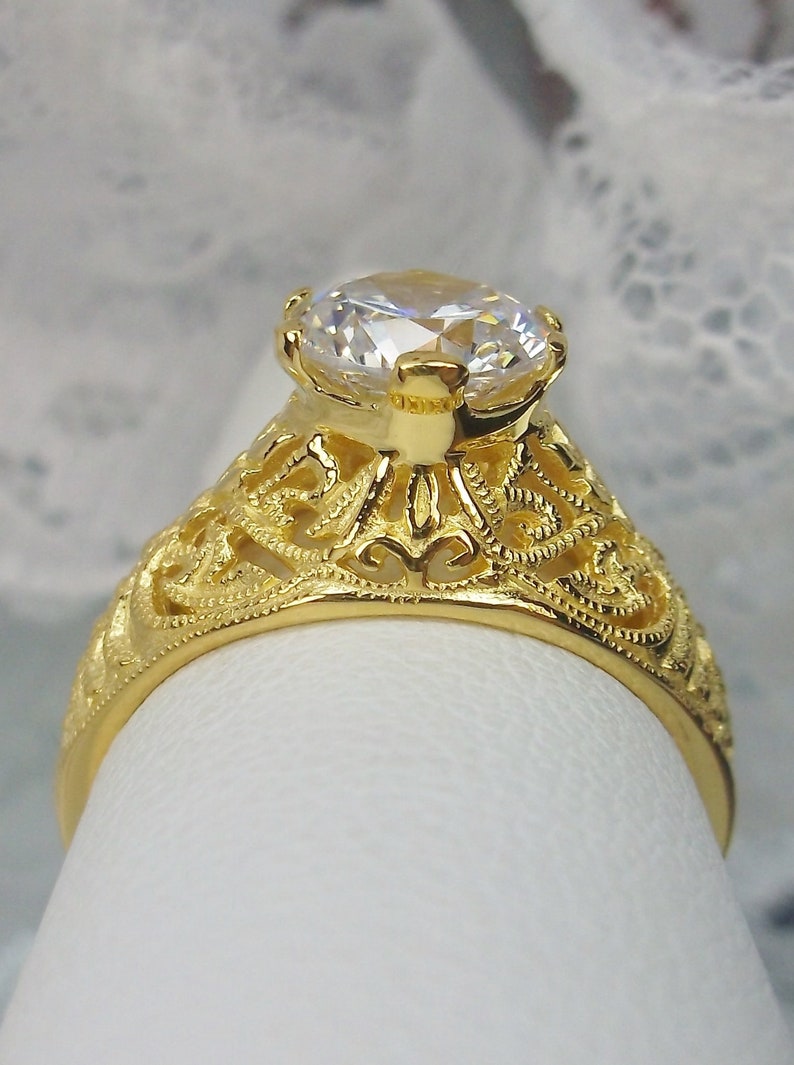 Design #199 Size 5.5 White CZ Yellow Gold Plate /& Sterling Silver Filigree Art Deco Ring