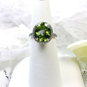 Natural Peridot Ring/ 4ct Oval Cut Natural Peridot & White CZ Pavé Accents Halo Art Deco Sterling Silver Filigree [Custom] Design#228