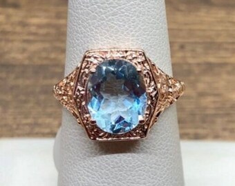 Natural Blue Topaz Ring Size 6.5 \ Rose Gold Plated Silver 2.2ct Oval Natural Sky Gemstone Floral Art Deco Filigree Ring (In Stock)