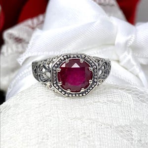 Natural Ruby Ring Size 7 / Sterling Silver/ 1.3ct Round Cut Natural Red Gemstone New Victorian Filigree [Ship Now] Design#11