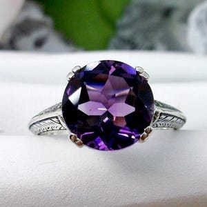 Natürlicher Amethyst Ring / Sterling Silber / 3.3ct Rundschliff natürlicher lila Amethyst, Knopf Solitär Art Deco Filigree [Spezialanfertigung] Design # 12