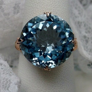 Natural Sky Blue Topaz Ring/ Rose Gold plated Sterling Silver/ 17ct Round Cut Natural Sky Blue Topaz, Queen Filigree [Custom Made] Design#52