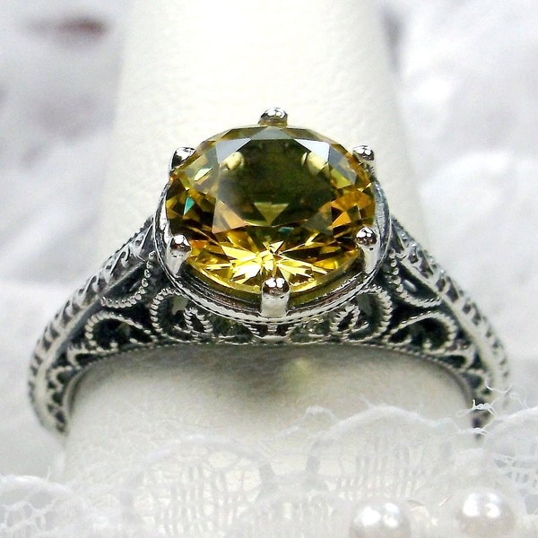 Yellow Citrine Ring/ Natural or Simulated/ Sterling Silver/ 2ct Round Cut/ Elegant Intricate Filigree Ring (Made To Order) {Design#167}