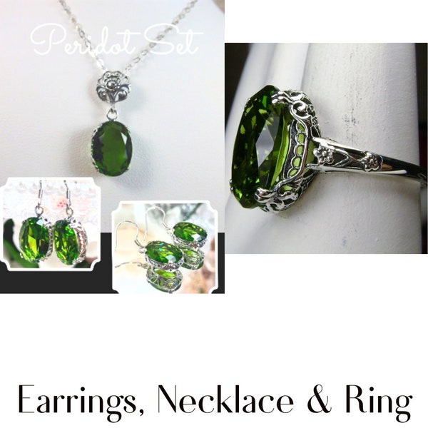 Edwardian-Inspired Sterling Silver Jewelry Set: Ring, Earrings & Pendant with Simulated Green Peridot | Made To Order | #S70