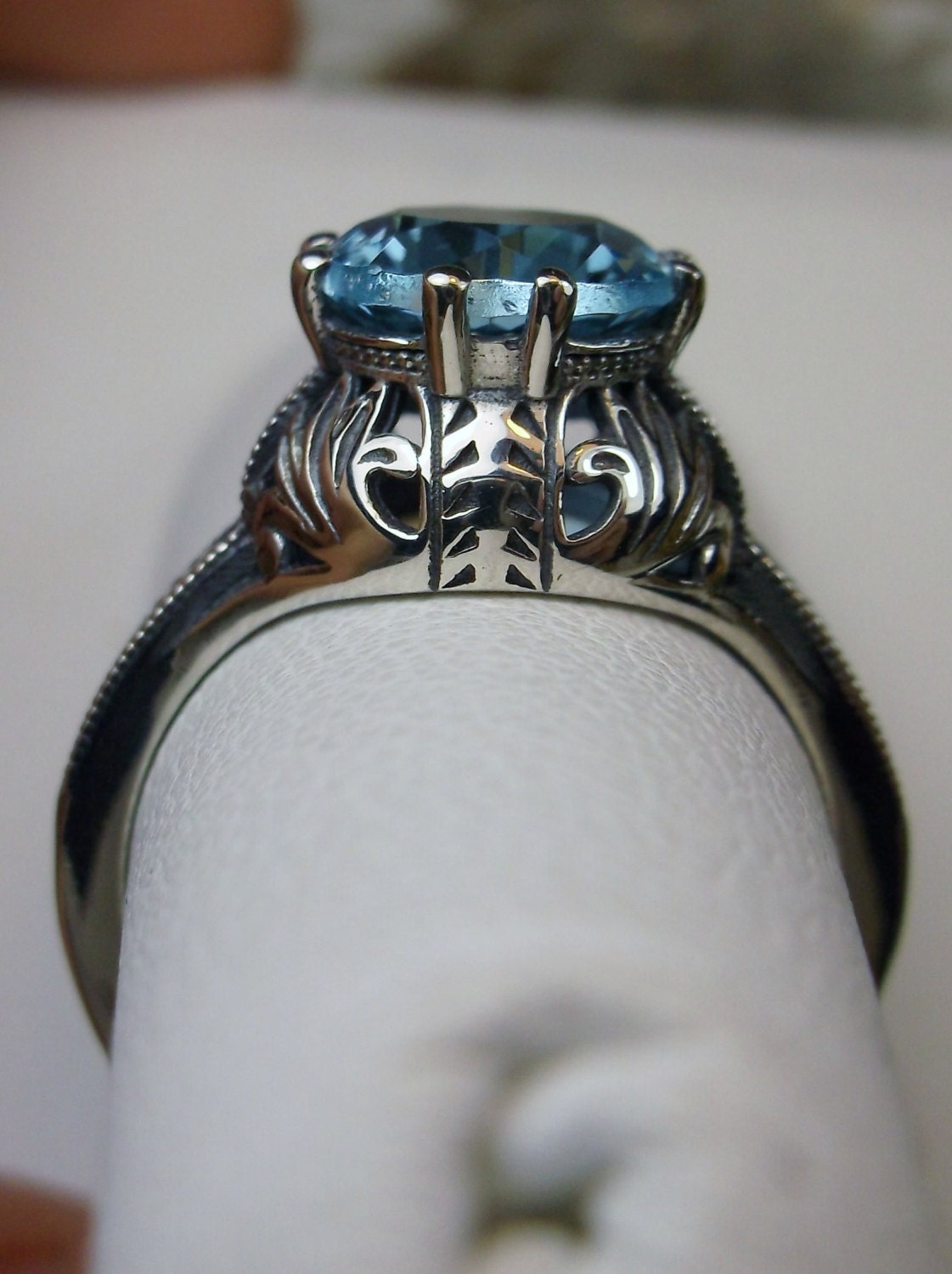 Elizabeth Design#158 Made To Order Aquamarine Ring Solid Sterling Silver 3ct Simulated Aquamarine Victorian Wedding Edwardian Filigree