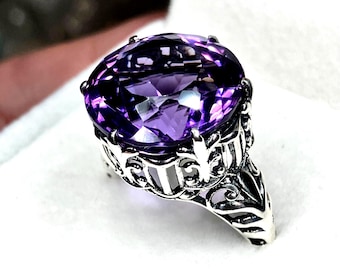Anillo de amatista natural talla 7 / Plata de ley 925 de 12 quilates, gema púrpura natural de talla redonda, estilo gótico King Filigree [En stock] Diseño n.° 123