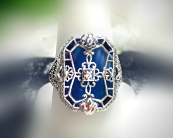 Blue Camphor Glass Ring | 925 Sterling Silver | Blue-Indigo Camphor Glass Art Deco 1930's Style Filigree [Custom Made] Design#203