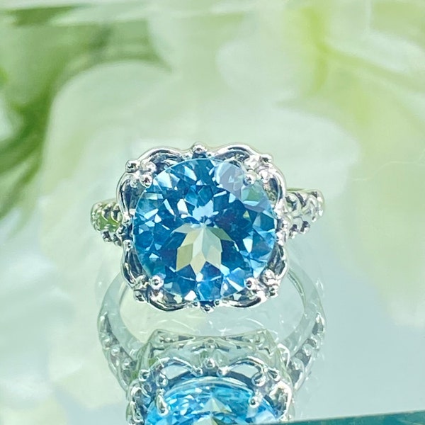 Natural Blue Topaz Ring | Sterling Silver | 6ct Round Sim Aquamarine | Sky Blue Topaz Victorian Filigree [Custom Made] Speechless Design#103